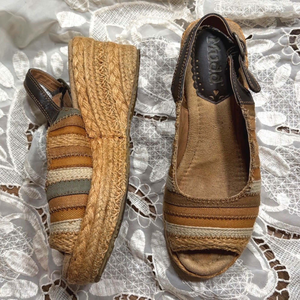 Mudd Y2K Boho Brown Striped Jute Espadrille Wedge Sandals 6M Boho Platform